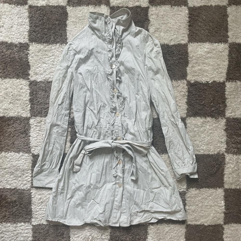 BLUE BIRD SHIRTING white and light green vertical striped button up shirt dress